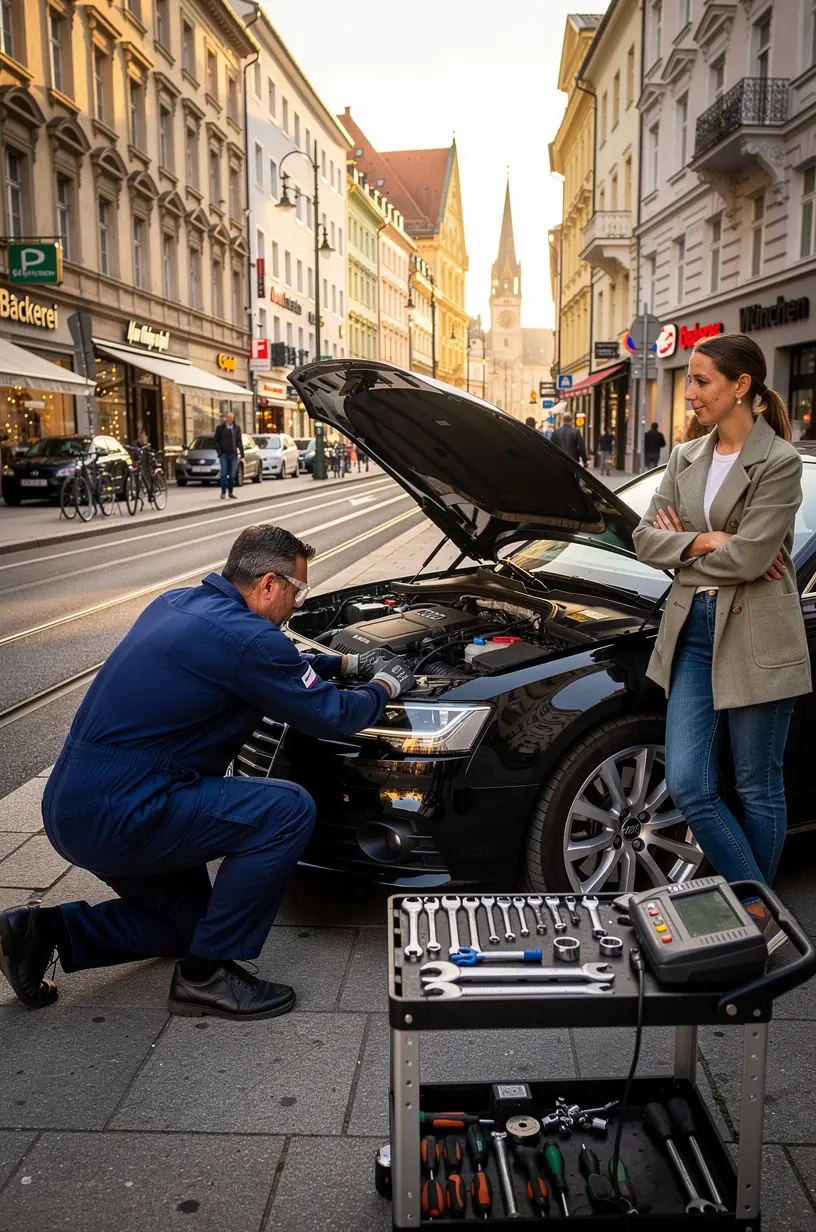 Fahrzeugwartung durch mobilen Mechaniker mit professionellem Werkzeug und Diagnosegerät